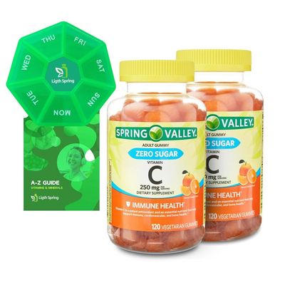 Spring Valley Zero Sugar Vitamin C Gummies Dietary Supplement, 250 mg, 120 Ct (2 Pack) Bundle with Exclusive Vitamins &amp; Minerals - A to Z -Better Ligth&amp;Spring Guide + Weekly Pill Organizer (4 Items)