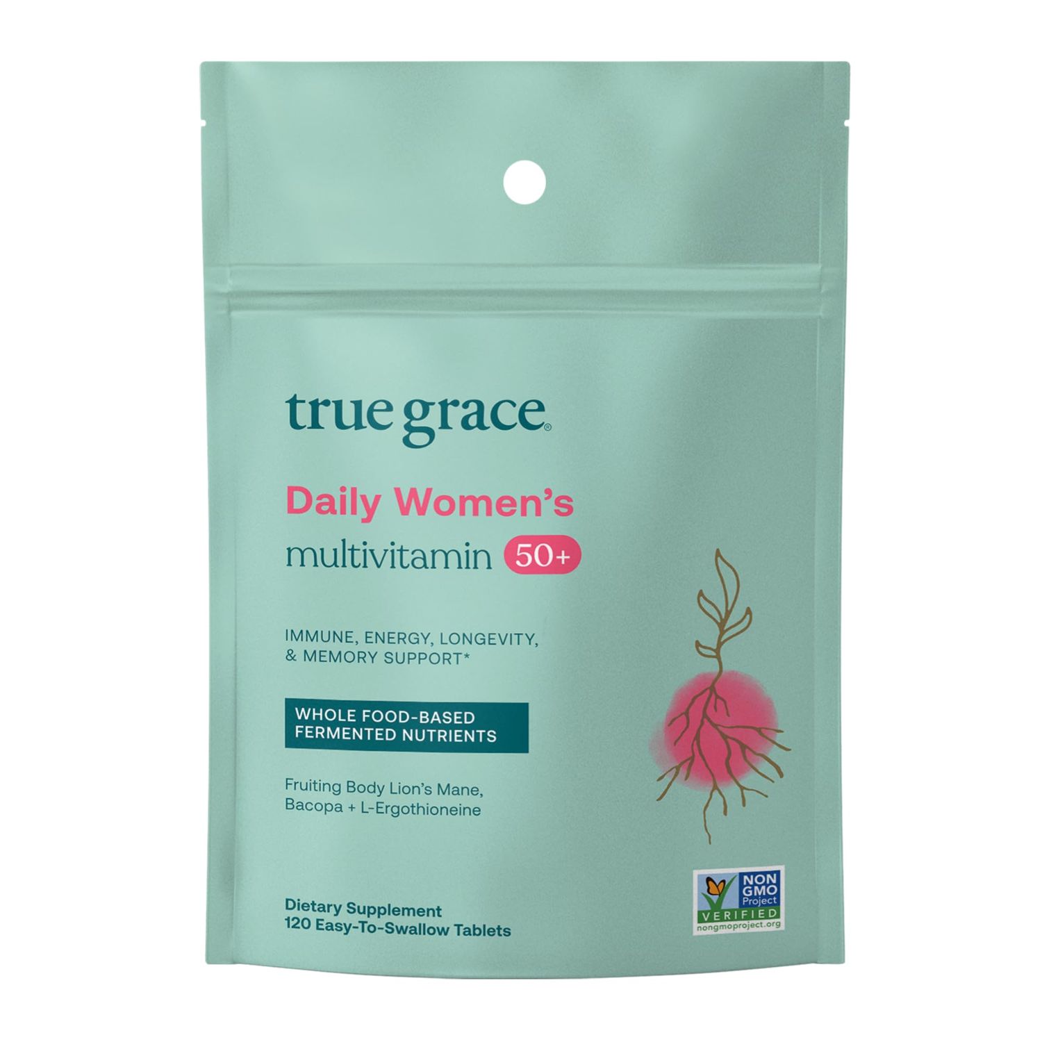 True Grace Daily Womens Multivitamin 50+ - 120 Easy-to-Swallow Tablets - Immune, Energy, Longevity &amp; Memory Support - Gluten Free, Soy Free, Iron Free, Vegan - 60 Servings