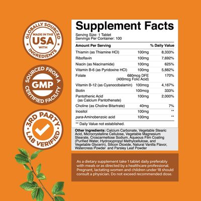 Vitamin B Complex Adult Multivitamin - Super B Complex Vitamins for Immune Support Mood Boost and Memory Supplement for Brain Support - Natural Energy Supplement with Active B Complex Vitamins