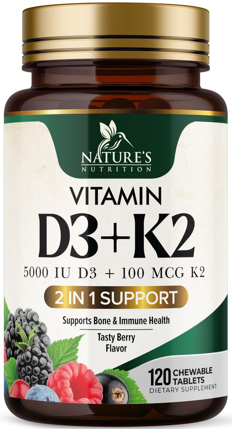 Vitamin D3 5000 IU with K2 100 mcg | K2 MK-7 with D3 Vitamin Supplement, Supports Immune, Heart, Joint, Teeth &amp; Bone Health - Nature&#39;s Easy to Swallow, VIT D3 K2, Berry Flavor - 120 Chewable Tablets