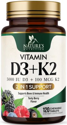 Vitamin D3 5000 IU with K2 100 mcg | K2 MK-7 with D3 Vitamin Supplement, Supports Immune, Heart, Joint, Teeth &amp; Bone Health - Nature&#39;s Easy to Swallow, VIT D3 K2, Berry Flavor - 120 Chewable Tablets