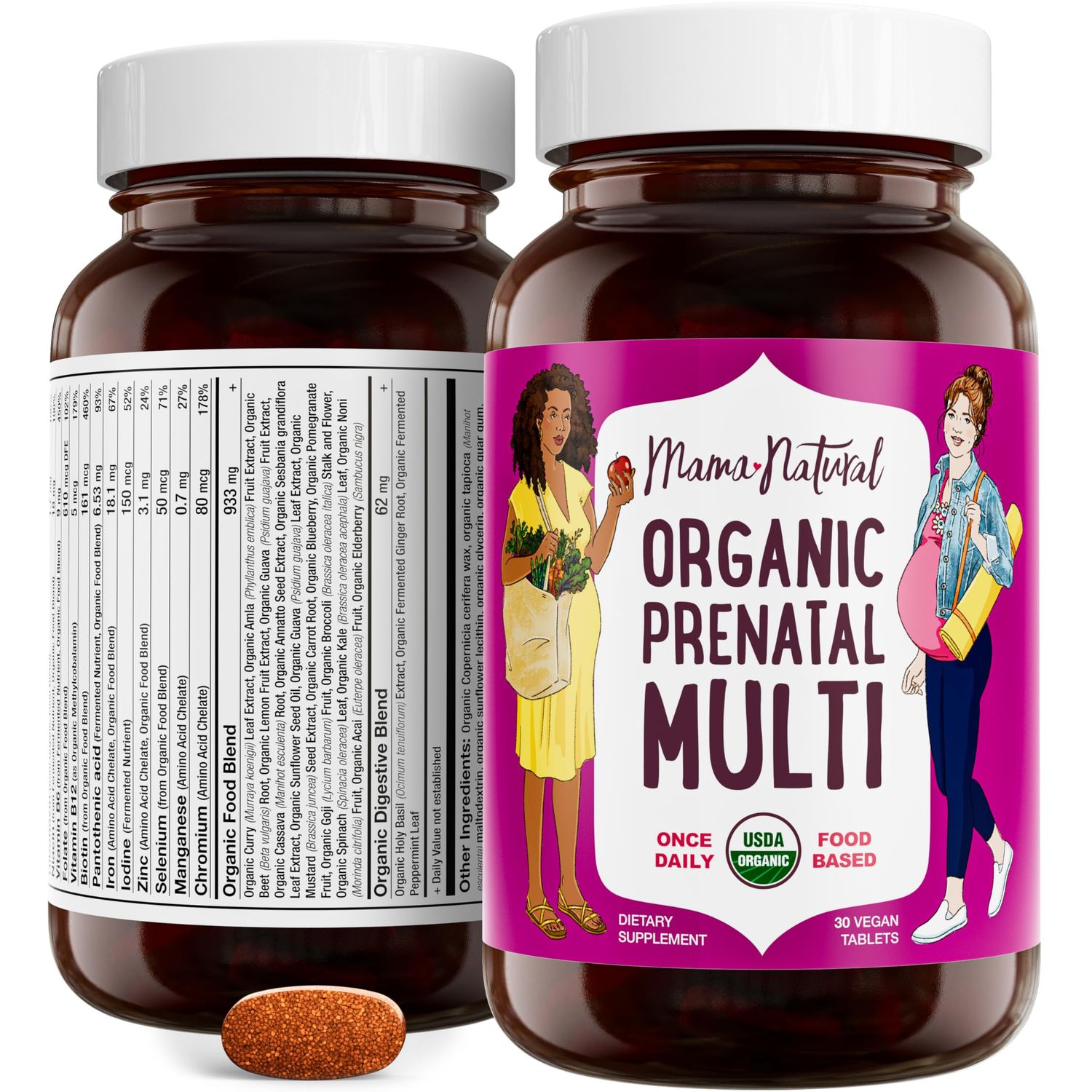 Mama Natural Organic Prenatal Vitamins For Women Vegan (30 Servings) | One A Day Prenatal Vitamins For Pregnant Women | Food Based, Non-gmo &amp; Gluten-free - Pre Natal Multivitamin For Women With Folate