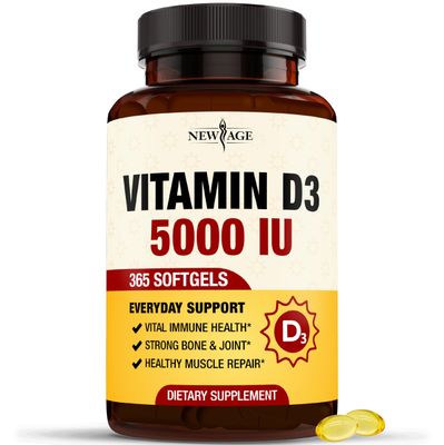 NEW AGE Vitamin D3 5000 IU 125mcg Softgels - Support Immune Support, Strong Bone Health - Non-GMO, Gluten-Free, Dairy-Free,1 Year Supply (360 Softgels (Pack of 1))