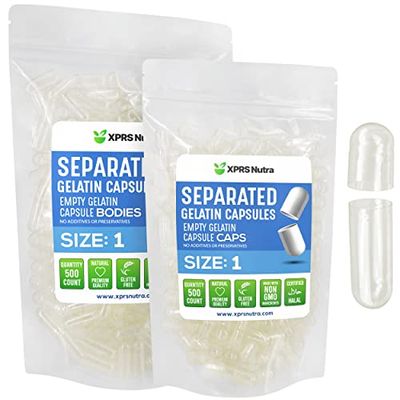 XPRS Nutra Size 1 Gelatin Separated Capsules - 500 Count Empty Pill Capsules Separated in Bags - Clear Empty Capsules - Separated Empty Capsules - Pill Capsules Empty for DIY Supplement Filling