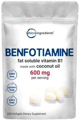 Micro Ingredients Vitamin B1 Benfotiamine 600mg Per Serving, 240 Coconut Oil Softgels | Bioavailable B Vitamins Supplement, Converted to Active Thiamine | Non-GMO, Soy Free