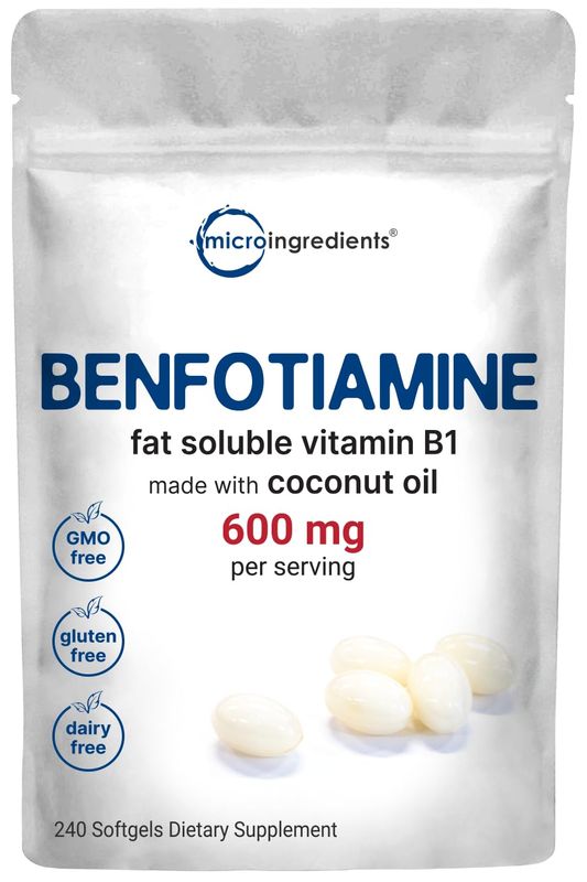 Micro Ingredients Vitamin B1 Benfotiamine 600mg Per Serving, 240 Coconut Oil Softgels | Bioavailable B Vitamins Supplement, Converted to Active Thiamine | Non-GMO, Soy Free