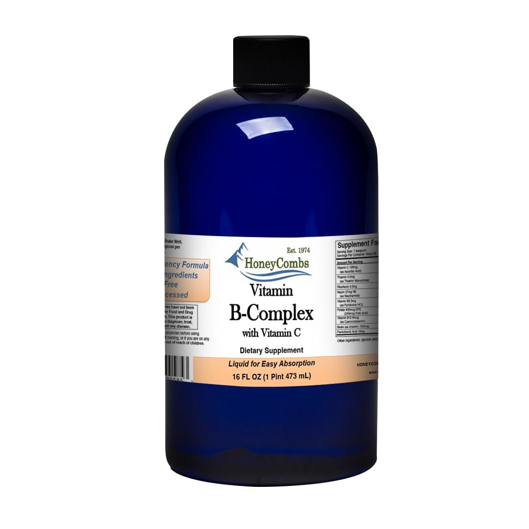 HoneyCombs Vitamin B Complex Drops - Liquid Supplement with Vitamin B1, B2, B3, B5, B6, B7, B9, B12 &amp; Vitamin C - Liquid Super B Complex Vitamins - Alcohol-Free Liquid Vitamin Supplement, 16 Fl Oz.