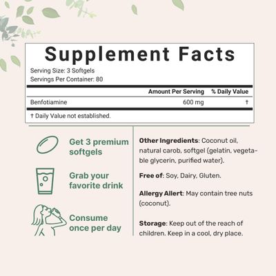 Micro Ingredients Vitamin B1 Benfotiamine 600mg Per Serving, 240 Coconut Oil Softgels | Bioavailable B Vitamins Supplement, Converted to Active Thiamine | Non-GMO, Soy Free