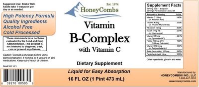 HoneyCombs Vitamin B Complex Drops - Liquid Supplement with Vitamin B1, B2, B3, B5, B6, B7, B9, B12 & Vitamin C - Liquid Super B Complex Vitamins - Alcohol-Free Liquid Vitamin Supplement, 16 Fl Oz.