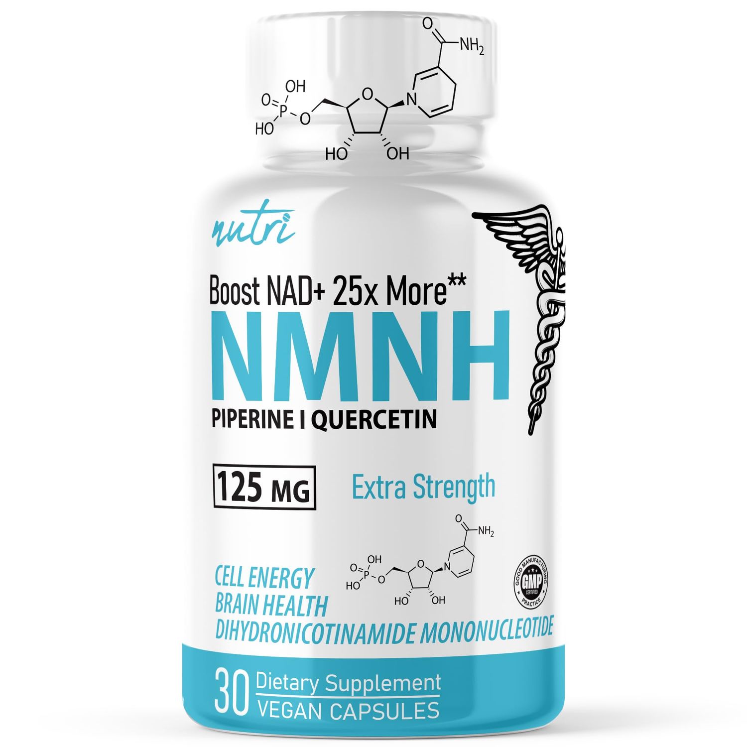 NMNH (NMN Supplement Alternative) (Dihydronicotinamide Mononucleotide) 125mg - 25 Times More Effective Than NR &amp; NAD+ - Boost NAD+ by up to 10 Times - 30 Count (30 Servings) by Nutri Supplements