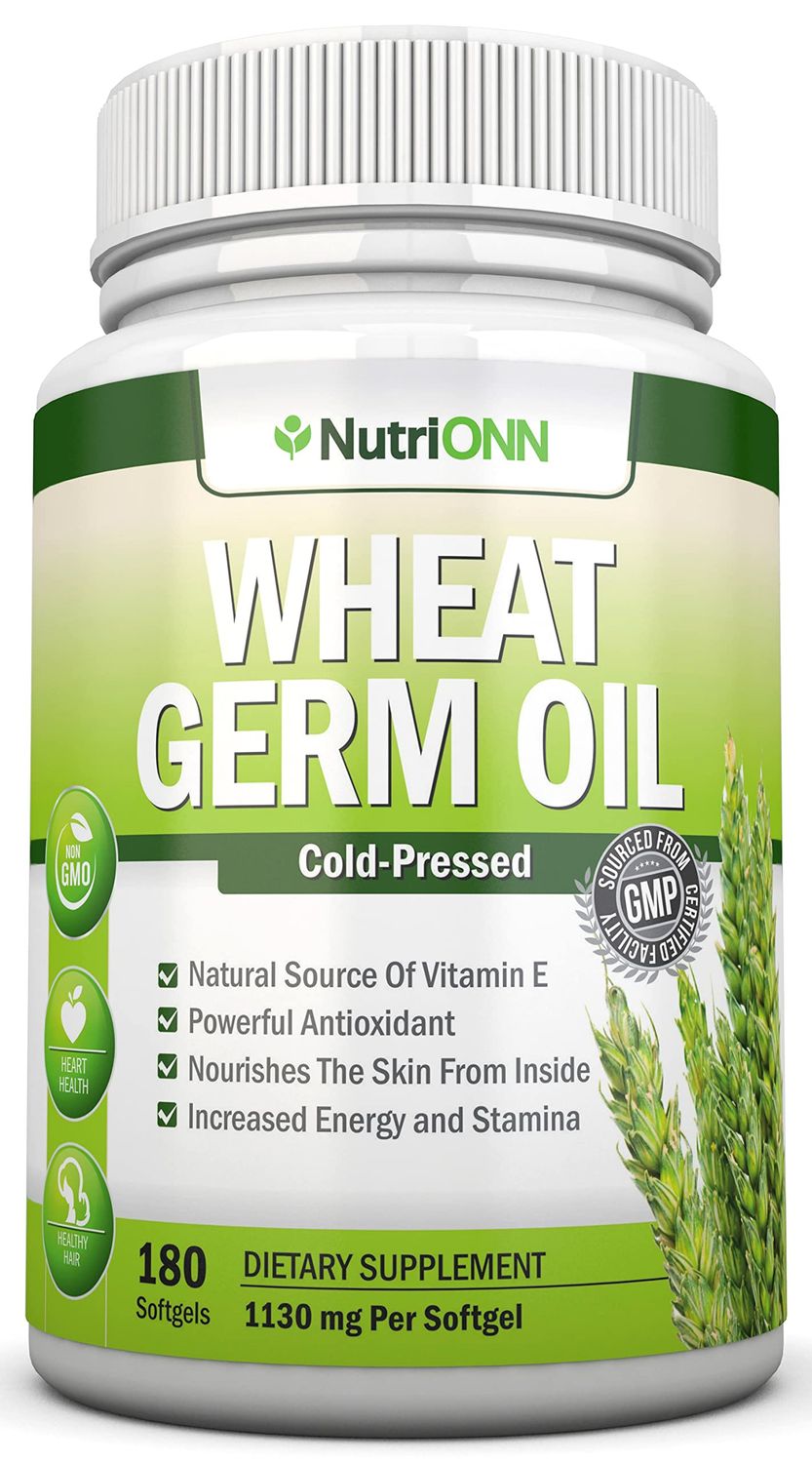 Wheat Germ Oil - 1130mg - 180 Softgels - Cold-Pressed &amp; Non GMO - Natural Source of Vitamin E - Nourished Skin and Healthy Hair - Heart Health - Powerful Antioxidant - Increased Energy and Stamina