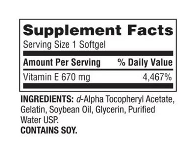Spring Valley Extra Strength Vitamin E D-Alpha Softgels, 670 mg (1,000 IU), 60 Count