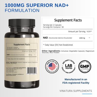 VINATURA NAD Supplement 1000mg - Pure NAD Supplement for Anti-Aging, Highest Potency NAD+ Supplement for Women and Men, 60 Capsules