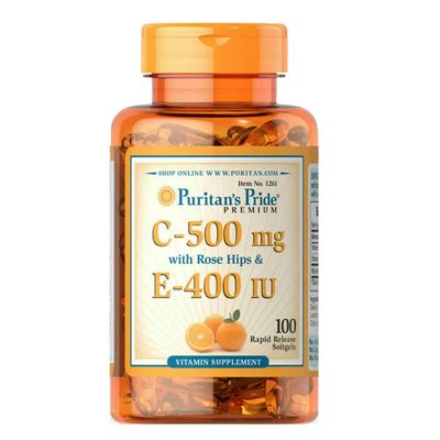 Puritan&#39;s Pride Premium Vitamin C-500mg With Rose Hips And Vitamin E-400, Vegetarian Vitamin Supplement For Antioxidant, Heart, Circulatory, and Immune System Support, 100 Rapid Release Softgels