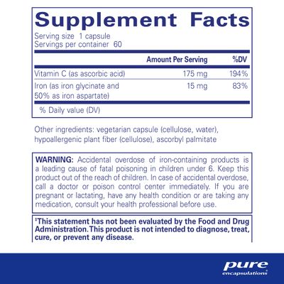 Pure Encapsulations Iron-C - 15 mg Iron - 175 mg Vitamin C - Red Blood Cell Support* - Energy Production - Highly Bioavailable Iron Pill - Gluten Free & Vegan - 60 Capsules