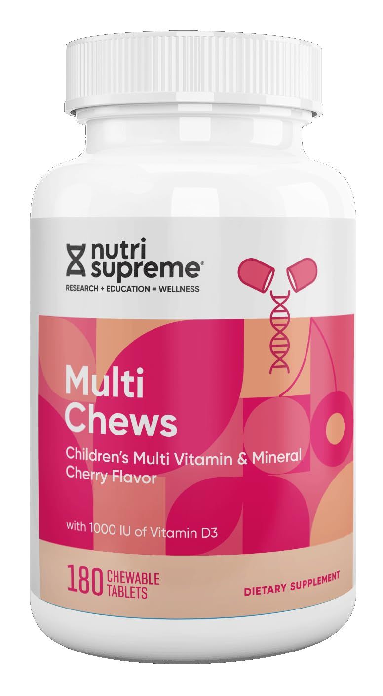 Delicious Kids Multivitamin, 180 Vegetarian Chews - Complete Childrens Supplement with Essential Vitamins and Minerals - Vitamin A, B, C, D3, Calcium, Iron, Folic Acid, Zinc - Cherry Flavor