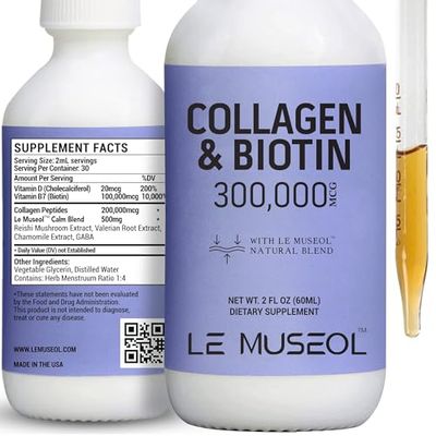 Le Museol Liquid Collagen for Women, 300,000mcg Liquid Biotin and Collagen Supplements Drops with Reishi, Chamomile &amp; Valerian Root Extract