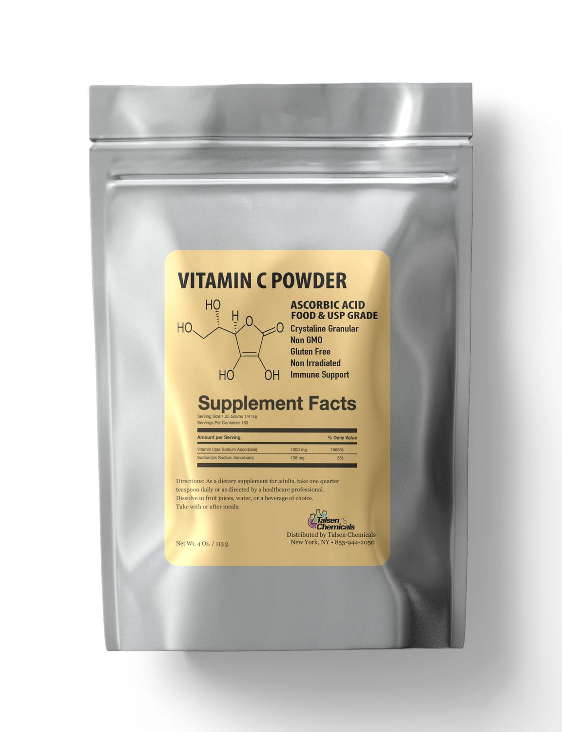 Talsen Chemicals Pure Vitamin C Powder Organic (4 Oz / 113 g) Ascorbic Acid Powder Powerful Antioxidant for Skin DIY Skin Care