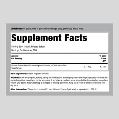 Piping Rock Vitamin E 1000 IU Softgels | 120 Count | with D-Alpha and Mixed Tocopherols | Gluten Free, Non-GMO Supplement