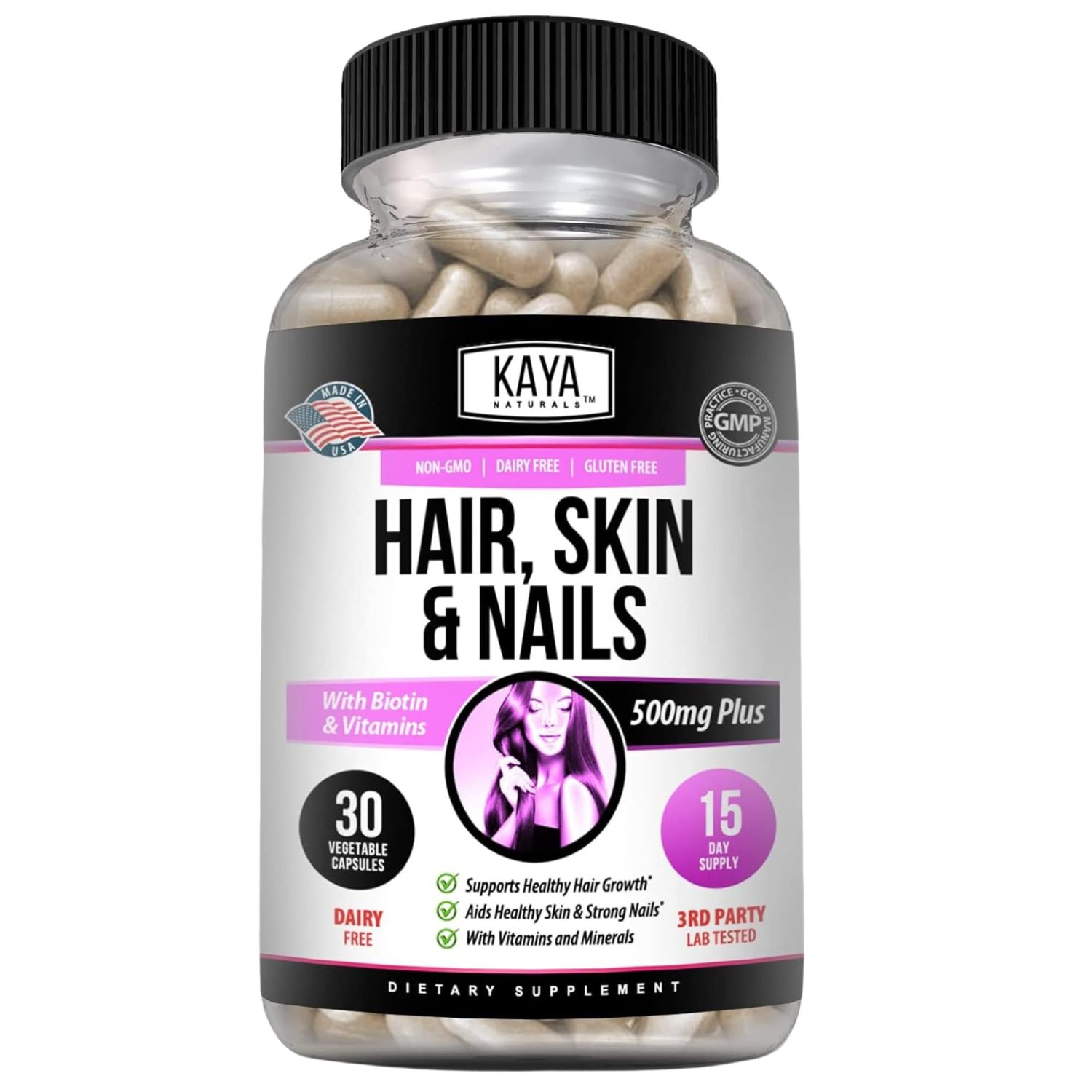Kaya Naturals Hair Skin Nail Capsules with Biotin | Hair and Skin Vitamins, Vitamin D Vitamin B-12 A Folic Acid Support, Hair Support Vitamin Supplement for Hair Skin Nails- 30 Count Capsules