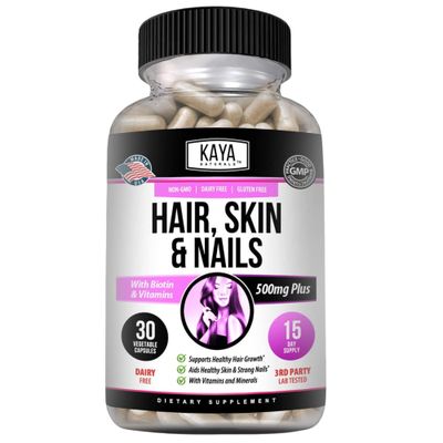 Kaya Naturals Hair Skin Nail Capsules with Biotin | Hair and Skin Vitamins, Vitamin D Vitamin B-12 A Folic Acid Support, Hair Support Vitamin Supplement for Hair Skin Nails- 30 Count Capsules