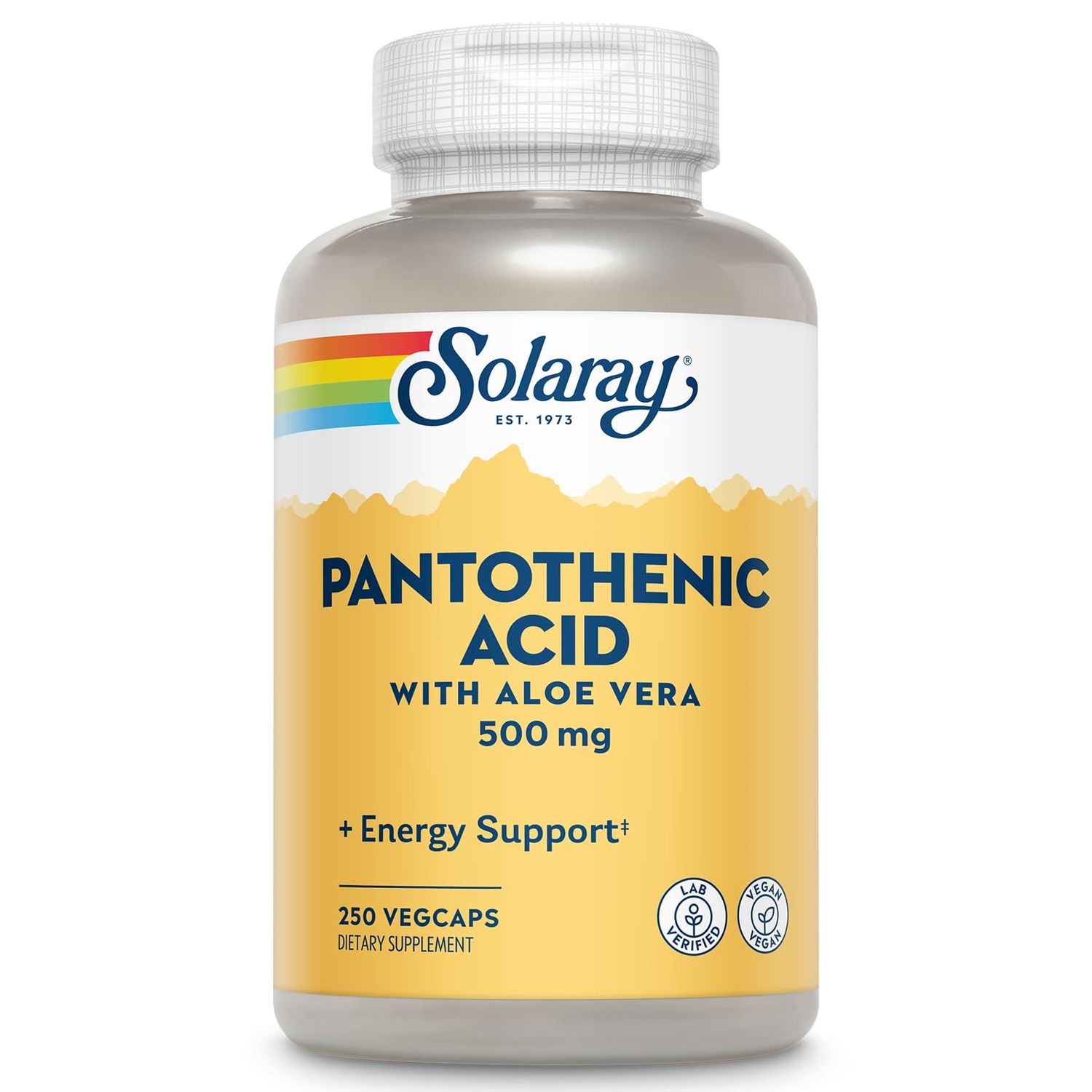 Solaray Pantothenic Acid 500mg - Vitamin B 5 - B Vitamin for Coenzyme-A Production, Energy Metabolism, Digestive Health, Hair Health, Skin and Nails Support - Vegan, 60-Day Guarantee - 250 VegCaps