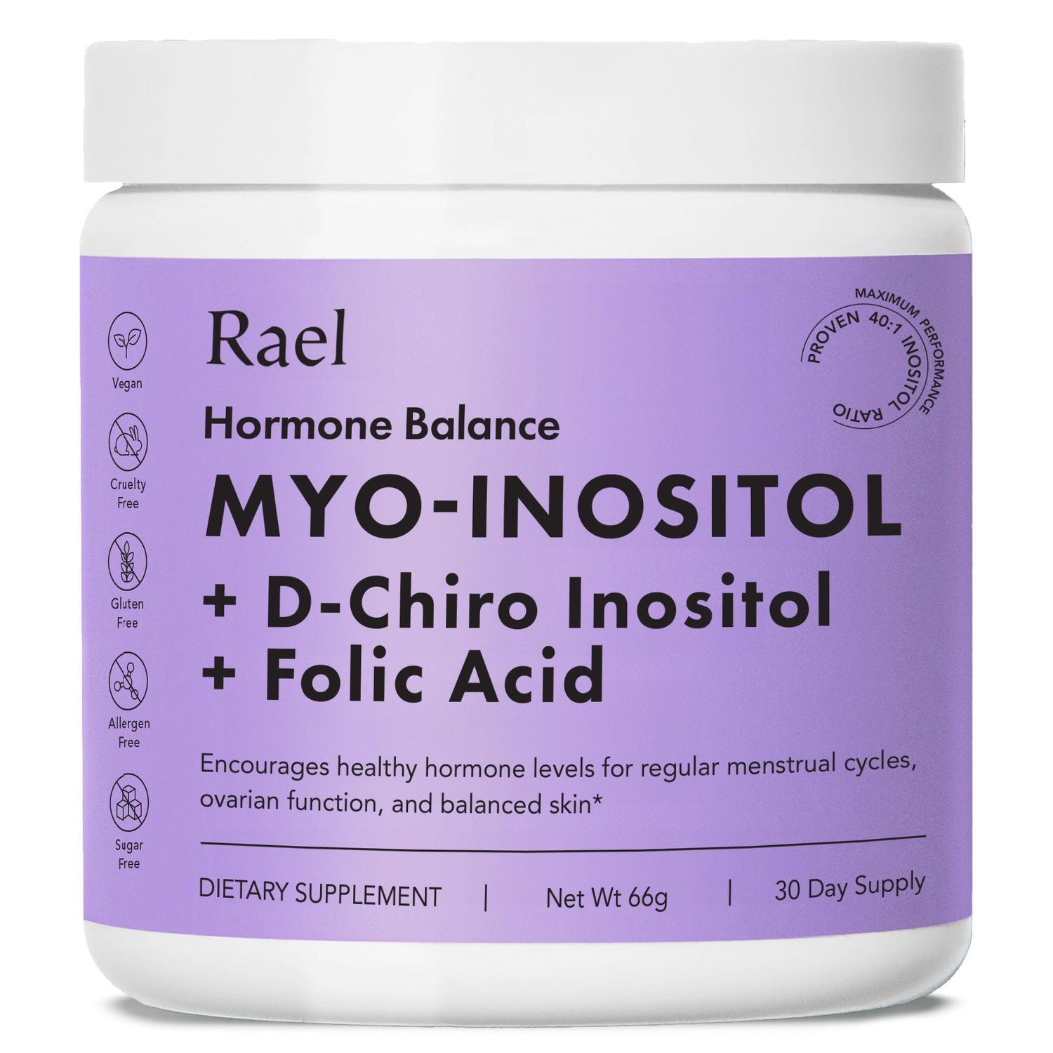 Rael Hormone Balance for Women, Myo Inositol Powder - Myo-Inositol &amp; D-Chiro Inositol Supplement, Menstrual &amp; Ovarian Function, Vitamin B8, 40:1 Ratio, Folic Acid, Vegan (30 Day Supply)