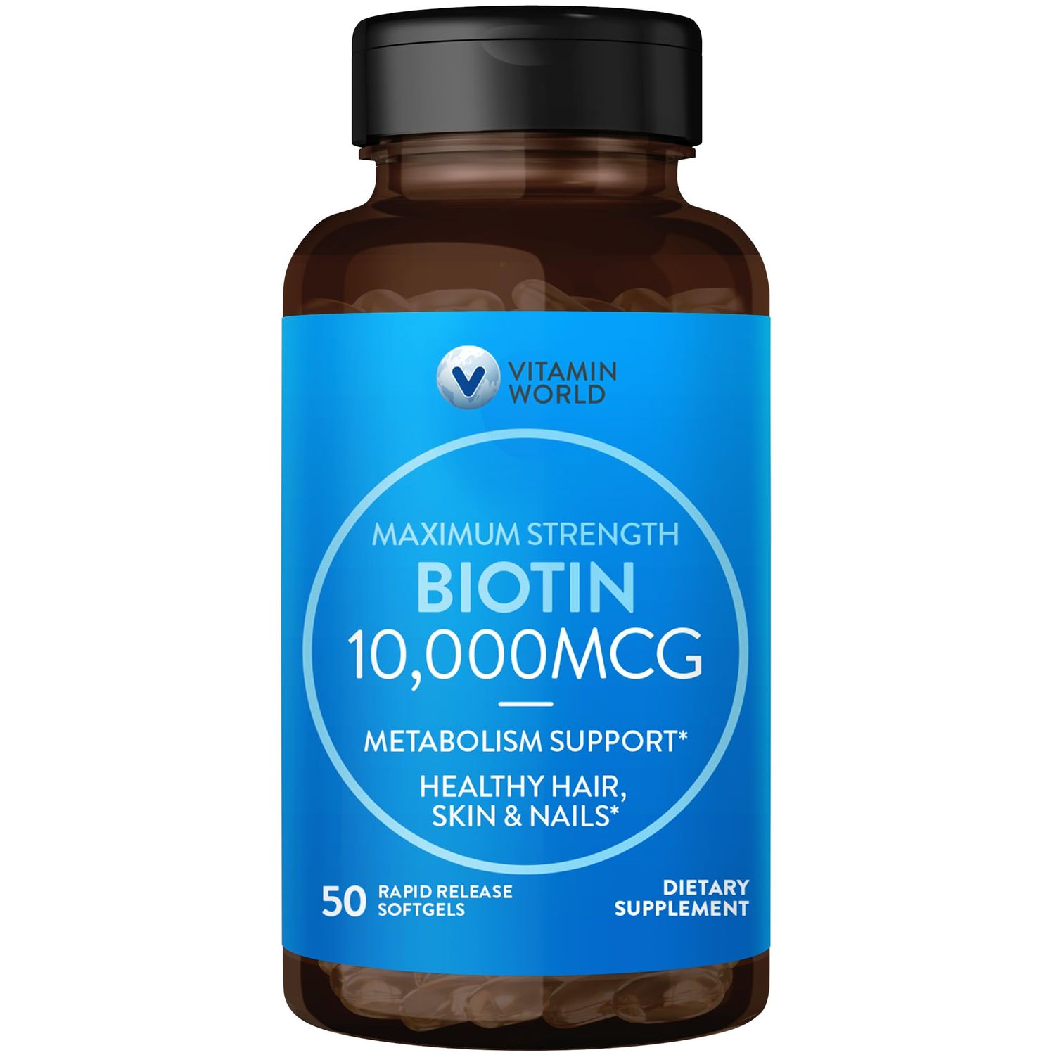 Vitamin World Ultra Mega Biotin 10,000 mcg. 50 Softgels, Vitamin B, Supports Healthy Hair, Skin and Nails, Rapid-release, Gluten Free