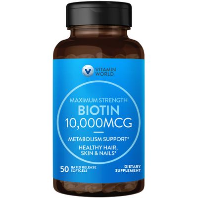 Vitamin World Ultra Mega Biotin 10,000 mcg. 50 Softgels, Vitamin B, Supports Healthy Hair, Skin and Nails, Rapid-release, Gluten Free