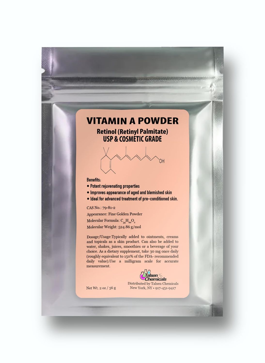 Talsen Chemicals Vitamin A Powder Retinyl Palmitate, Pure Retinol Powdered Vitamin Water Soluble Vitamin A USP &amp; Cosmetic Grade (2 oz. / 56 Grams)