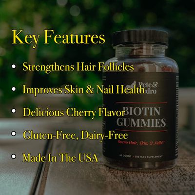 Pete &amp; Pedro BIOTIN Gummies - Daily Hair Growth Strengthening Supplement for Stronger Hair, Skin, &amp; Nails | Cherry Flavor Biotin Gummy 5000mcg Per Serving | As Seen on Shark Tank, 60 Count