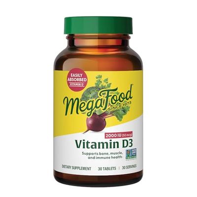MegaFood Vitamin D3 2000 IU (50 mcg) - Immune Support Supplement - Bone Health -with easily-absorbed Vitamin D3 - Plus real food - Non-GMO, Vegetarian - Made Without 9 Food Allergens - 30 Tabs
