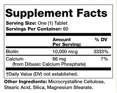 Olympian Labs Max Strength Biotin Vitamin B7 Supplement, 10,000mcg Tablets, Improve Hair, Skin &amp; Nail Growth, 60 Vegan Tablets