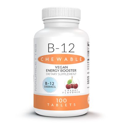 Mauricettes Natural Vitamin B-12 Methylcobalamin 1000mcg - 100 Chewable Cherry Tablets - Sublingual B 12 Supplement for Energy Support - Gelatin Free