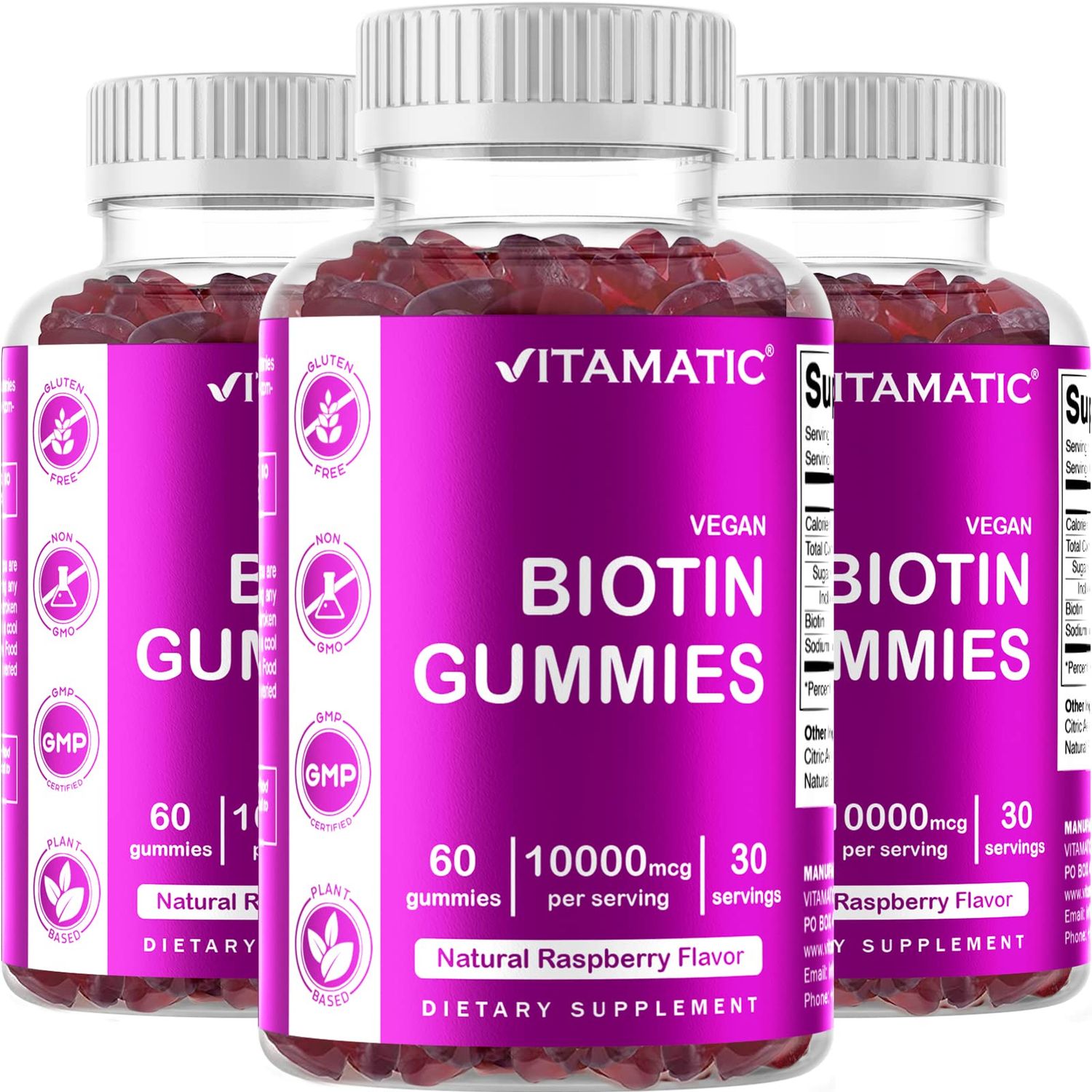Vitamatic Biotin Gummies 10,000 mcg for Stronger Hair, Skin &amp; Nails - 60 Vegan Gummies - Also Called Vitamin B7 (3 Bottles)