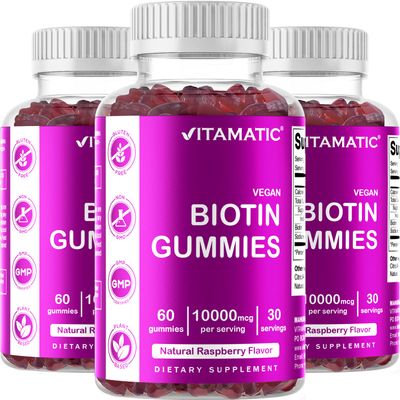 Vitamatic Biotin Gummies 10,000 mcg for Stronger Hair, Skin &amp; Nails - 60 Vegan Gummies - Also Called Vitamin B7 (3 Bottles)