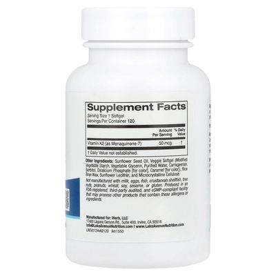 Lake Avenue Vitamin K2 (as Menaquinone-7), 50 mcg, 120 Veggie Softgels, Nutrition