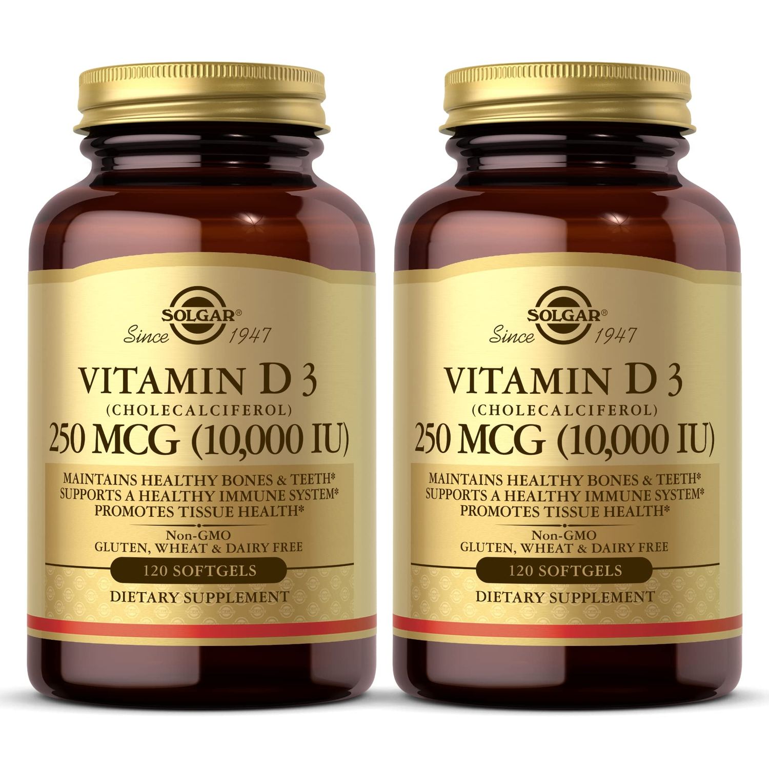 SOLGAR Vitamin D3 (Cholecalciferol) 250 MCG (10,000 IU), 120 Softgels - 2 Pack - Helps Maintain Healthy Bones &amp; Teeth - Immune System Support - Non-GMO, Gluten Free, Dairy Free - 120 Servings