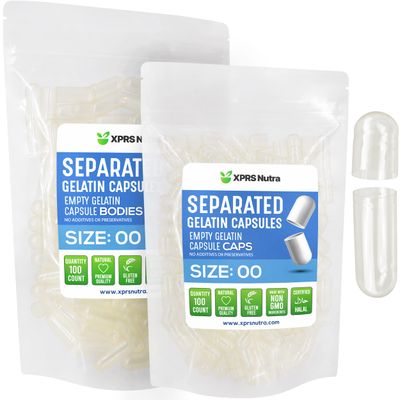 XPRS Nutra Gelatin Size 00 Separated Capsules - 100 Clear Count Gelatin Empty Capsules Separated in Bags -Empty Capsules - Separated Empty 00 Capsules - Pill Capsules Empty for DIY Supplement Filling