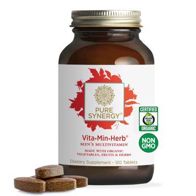 PURE SYNERGY VitaMinHerb for Men | Mens Comprehensive Multivitamin Supplement | Made with Organic Whole Food Non-GMO Ingredients | Daily Energy &amp; Immune Support (120 Tablets)