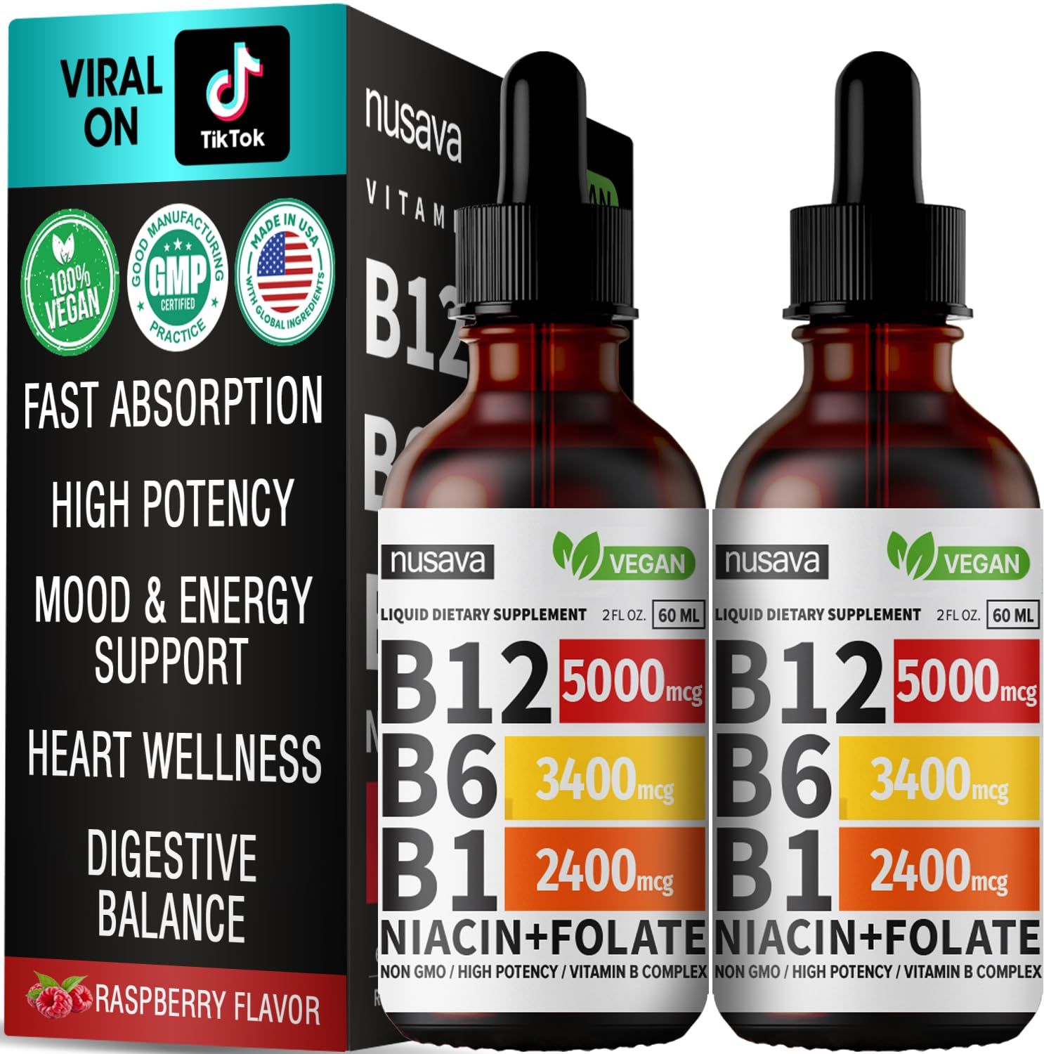 (2 Pack) Vitamin B12 Liquid Drops, B12 Sublingual 5000 mcg, Vitamin B Complex with Vitamin B6, Liquid B12 Methylcobalamin Supports Energy, Brain &amp; Heart with 27,200 mcg Per Serving, (80 Servings)