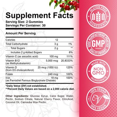 ReviNutra Vitamin B12 Gummies - 5000 mcg Methylcobalamin with Iron, Vitamin C, D3 &amp; Folate, Energy Support and Metabolism, Immune, B-12 Complex Chewable Supplement for Men &amp; Women, Vegan- 60 Count