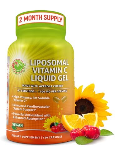 Liposomal Vitamin C Liquid Gel Capsules - 1100mg - Made with Organic Acerola Cherries, High Potency Vitamin C Liposomal Immune Support Supplement with Enhanced Absorption &amp; Bioavailability - 120 count