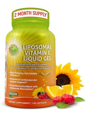 Liposomal Vitamin C Liquid Gel Capsules - 1100mg - Made with Organic Acerola Cherries, High Potency Vitamin C Liposomal Immune Support Supplement with Enhanced Absorption &amp; Bioavailability - 120 count
