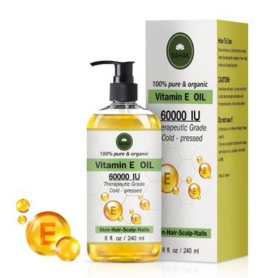 Natural Vitamin E Oil |100% Pure, Cold-Pressed, 60000 IU, Hexane Free &amp; Non-GMO, Vitamin E Oil for Hair, Scalp, Skin and Body, Men and Women-240 ml (8 oz),