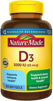 Nature Made Vitamin D3 25 mcg 650 Softgels,Stay Healthy and Meet Your Vitamin D 1000 IU- Bundled with nalkotSupliment-Guide