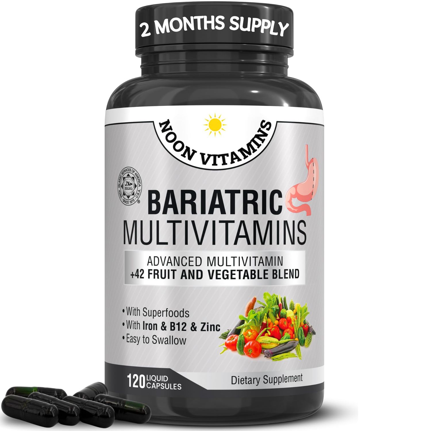 Bariatric Multivitamin with Iron for Women &amp; Men All-in-One 42 Superfood Blend for Post-Surgery Easy-to-Swallow -2-Month Supply (- Superfood Blend for Energy, Halal - Made in USA (120 Capsules)
