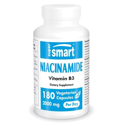 Supersmart - Niacinamide 2000mg per Day (Nicotinamide) - Flush Free Vitamin B3 Niacin - Skin &amp; Cells Health - Anti Aging - Antioxidant Supplement | Non-GMO &amp; Gluten Free - 180 Vegetarian Capsules