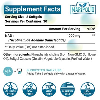 Liposomal NAD+ Supplement 1000 mg | Highest NAD Pontecy | Max Absorption | Pure NAD Supplement | Energy and DNA Repair, Aging Defense, Brain Function | 60 Softgels
