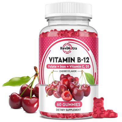 ReviNutra Vitamin B12 Gummies - 5000 mcg Methylcobalamin with Iron, Vitamin C, D3 &amp; Folate, Energy Support and Metabolism, Immune, B-12 Complex Chewable Supplement for Men &amp; Women, Vegan- 60 Count
